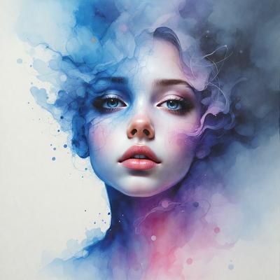 The primary subject of the image is a woman with blue eyes, who is the main focus of the scene. She is depicted with a blue and purple color scheme, which gives the image a vibrant and artistic visual style. The setting is a cloudy background, which adds to the overall atmosphere of the image. The woman is portrayed in a painting or drawing, showcasing her beauty and the artist's skill in capturing her features.
